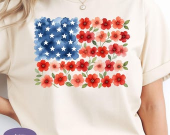 Floral American Flag Comfort Colors Shirt, Patriotic Watercolor Flower USA Tee, Women 4th of July Shirt, Independence Day Wildflower Tshirt.