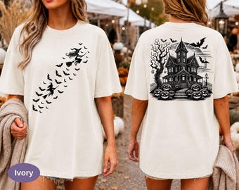 Vintage Haunted House Comfort Colors Shirt, Spooky Halloween Scene Tee, Bats Pumpkin Witch TShirt, Halloween Party Gift for Women.