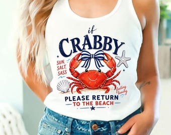 If Crabby Please Return To The Beach Racerback Tank Top, Funny Coquette Crab VNeck, Retro Coastal Summer Tank, Beach Lover Gift for Women.