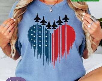 Patriotic Jet Heart Comfort Colors Shirt, American Flag Heart TShirt, 4th of July Tee for Women, USA Freedom Fighter Jet Graphic Gift.
