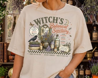 Witchs Botanical Sanctuary Halloween Comfort Colors Shirt, Vintage Botanical Apothecary Tee, Cottagecore Green Witch Herb Garden T-Shirt.