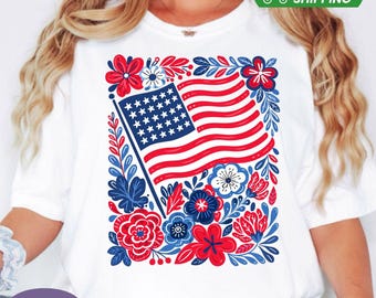 Boho Floral American Flag Shirt, USA 250th Anniversary Comfort Colors Tee, Patriotic Wildflower Tshirt, Floral 4th of July Shirt For Women.