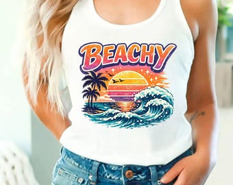 Beachy Retro Summer Racerback Tank Top, Coastal Vacation VNeck Tee, Vintage Tropical Ocean Wave Sunset Tank Top, Cozy Gift for Beach Lovers.