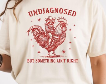 Undiagnosed But Something Ain’t Right Shirt, Funny Raccoon Riding Chicken Tshirt, Comfort Colors Mental Health Humor Tee.