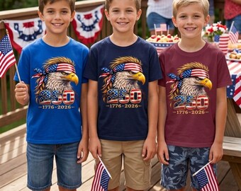Patriotic Bandana Eagle Boy Shirt, USA 250th Anniversary 1776-2026 Tee, Mullet Eagle American Flag Gift, 4th of July Boys T-Shirt.