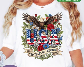 USA Floral Eagle 250 Years of Freedom Shirt, Comfort Colors Patriotic Eagle Tee, USA 250th Anniversary Eagle Tshirt, Floral 4th of July Gift
