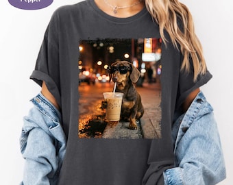 Funny Dachshund Drinking Iced Coffee Shirt, Comfort Colors Dog Lover Tee, Cute Wiener Dog Meme Tshirt, Cozy Gift For Dachshund Lover.