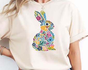 Floral Easter Bunny Comfort Colors Shirt, Colorful Spring Bunny TShirt, Funny Easter Gift Tee, Bunny Gift For Girls, Rabbit Lover Tee.