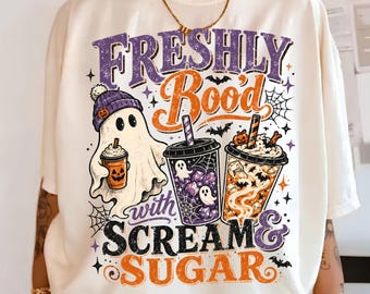 Freshly Boo'd Coffee Halloween Shirt, Ghost Coffee Lover Comfort Colors Tee, Vintge Scream And Sugar shirt, Spooky Season Fall Barista Gift.