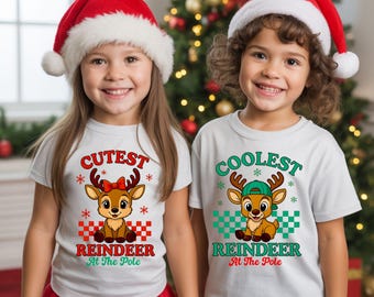Cutest And Coolest Reindeer At The Pole Shirt, Comfort Colors Boys & Girls Holiday Tshirt, Kids Christmas Reindeer Tee.