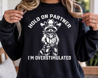 Hold On Partner I'm Overstimulated Sweatshirt, Retro Cowboy Raccoon Unhinged Hoodie, Funny Raccoon Meme Sweater, Western Raccoon Graphic.