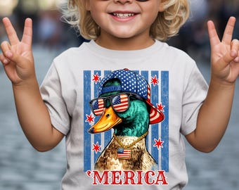 Funny Mallard Duck Merica Boy Shirt, Patriotic Duck 4th of July Tee, Retro USA Flag Mallard Toddler TShirt, Kids American Duck Gift.