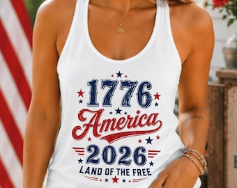 1776 2026 America 250th Anniversary Tank Top, Land of the Free Patriotic Racerback Tank, USA Women Top, Retro 4th of July V-Neck Tee.