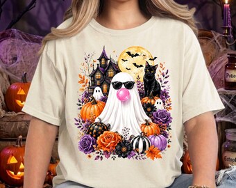 Ghost Blowing Bubble Gum Comfort Colors Shirt, Funny Floral Ghost Halloween Tee, Spooky Season Graphic Shirt, Girly Haunted House Fall.