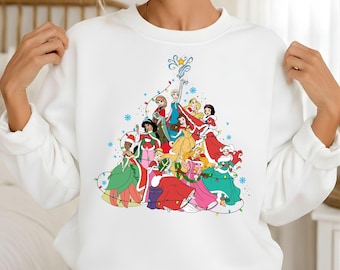 Disney Princess Christmas Sweatshirt, Ariel Rapunzel Cinderella Elsa Anna Tiana Holiday Sweater, Retro Princess Tour Hoodie.