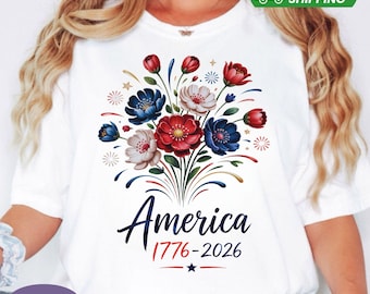 Patriotic Floral Bouquet Comfort Colors Shirt, USA Anniversary 1776-2026 Tee, Boho Patriotic Wildflower 4th of July Women T-Shirt.
