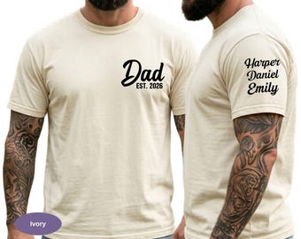 Personalized Dad Est Year Comfort Colors Shirt, Custom Dad Shirt with Kids Names on Sleeve, Fathers Day Gift for Dad, Dad Established Tee.