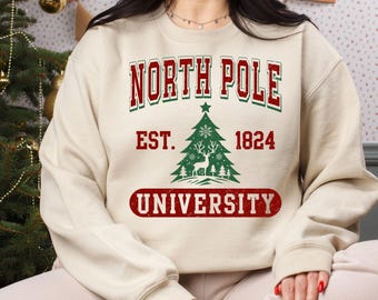 North Pole EST 1824 University Christmas Sweatshirt, Retro North Pole Reindeer Holiday Hoodie, Winter University Christmas Sweater.