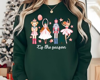 Preppy Tis The Season Nutcracker Sweatshirt, Brushstroke Holiday Ballet Hoodie, Retro Pink Nutcracker Xmas Sweater, Y'all Are Nuts Coquette.