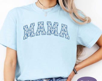 Blue Toile Floral Mama Comfort Colors Shirt, Chinoiserie Mama Mothers Day Tshirt, Pregnancy Announcement Tee, New Mom Life Shirt.
