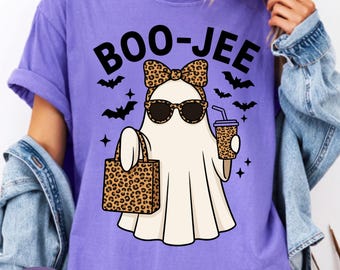 Boo Jee Ghost Comfort Colors Shirt, Leopard Ghost Halloween Tee, Funny Girly Ghost Coffee T-Shirt, Fall Halloween Gift for Women.