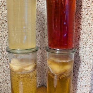Könnte beinhalten: Vier Gläser mit Flüssigkeiten unterschiedlicher Farben und Konsistenzen. Zwei Gläser enthalten eine hellgelbe Flüssigkeit, eines eine rot-violette Flüssigkeit und eines eine dunklere gelbe Flüssigkeit. Die Gläser sind auf einer Holzoberfläche gestapelt.