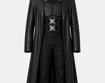 May include: A black leather trench coat with a matching vest and black pants. The coat has a long, flowing design with a notched collar. The vest features a zipper closure and decorative buckles. The pants have cargo pockets.