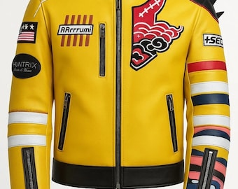 May include: Yellow leather jacket with black accents, a black collar, and multiple zippered pockets. Features patches with text and graphics, including an American flag and the word "HUNTRIX". The sleeves have colorful stripes and designs.
