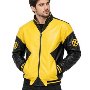 May include: A yellow and black leather jacket featuring a stand-up collar, a full-length front zipper, and black sleeves with yellow X-Men circular logos on the upper arms. The jacket includes ribbed black cuffs and a ribbed black hem at the waist.