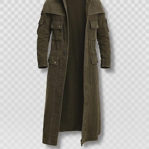May include: Olive green long coat with multiple front pockets and a high collar. The coat has a button closure and a long, flowing design. The sleeves have a pocket on each arm. The coat is made of a durable fabric.