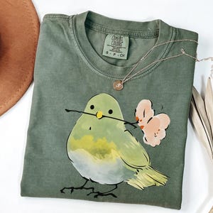 Cute Bird With Flower T-Shirt, Soft Nature Lover Gift. Comfort Colors Vintage Style Graphic Tee for Women Men, Spring Aesthetic Shirt