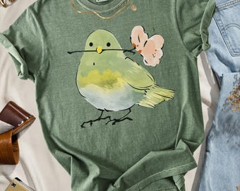 Cute Bird With Flower T-Shirt, Soft Nature Lover Gift. Comfort Colors Vintage Style Graphic Tee for Women Men, Spring Aesthetic Shirt