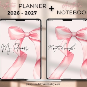 Agenda numérique tout-en-un rose 2026-2027, journal numérique, modèle Goodnotes numérique, agenda mensuel, hebdomadaire et quotidien, style minimaliste.