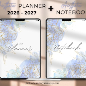 May include: Two tablets displaying a 2026-2027 planner and a notebook. Both screens feature a white background with blue watercolor floral patterns and gold line art. Text reads Aesthetic Planner 2026-2027, Aesthetic Notebook, 2026 Planner, and Notebook. A stylus is at the bottom.