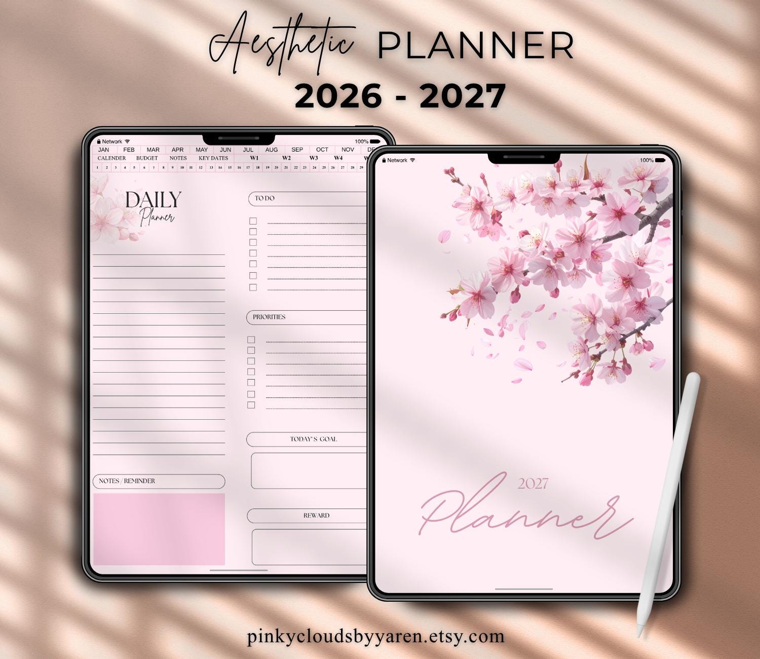 All-In-One Digital Planner Pink 2026,2027 Digital Journal,Digital Goodnotes Template,Monthly,Weekly,Daily Planner,Minimalist Notability Note