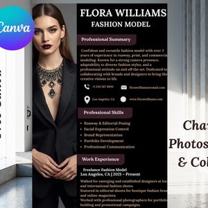 May include: A fashion model's resume template with a black background and white text. The resume includes a photo of the model, contact information, professional skills, and work experience. The Canva logo and text "Customizable In Free Canva" are also visible.