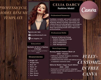 Fashion Model Resume Template Bundle, Cover Letter, Zedcard (Canva)