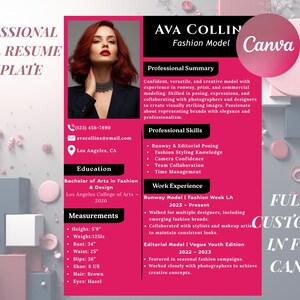 CV-mall för fotomodell, professionell CV-design, anpassningsbar i Canva