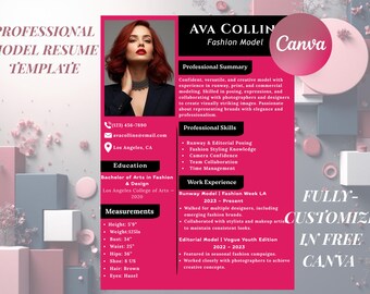 Fashion Model Resume Template, Professional CV Design, Customizable in Canva