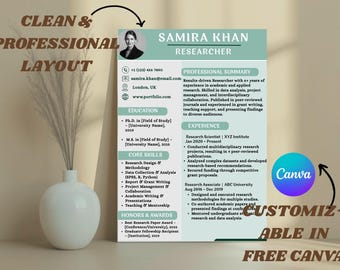 Researcher Resume Template, Modern Academic CV, ATS-Friendly (Canva Editable, Digital Download)