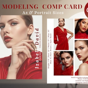 Puede incluir: Una tarjeta de modelo con Izabell David, con un retrato y fotos adicionales con un vestido rojo. La tarjeta incluye medidas: 175 cm de altura, 84 cm de busto, 64 cm de cintura y 89 cm de cadera.