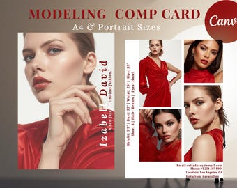Model Comp Card Template, Canva Editable, Red Modeling Portfolio (Digital), models photocard, Zed Card, Model Resume PhotoCard