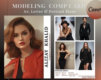 Editable Canva Model Comp Card Template (A4, Letter, 5x8), Fahion Model photocard