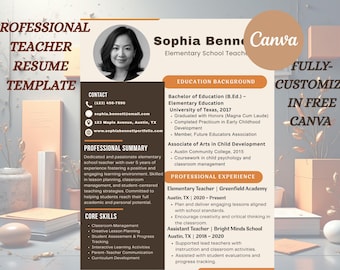 Elementary School Teacher Resume Template, Editable Canva CV (Digital Download)