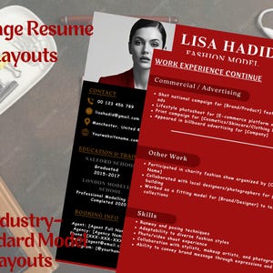 May include: A resume layout for a fashion model, featuring a headshot and work experience details. The resume is red and black, with the model's name, contact information, and skills listed. The text "2-Page Resume Layouts" and "Industry-Standard Model Layouts" are visible.