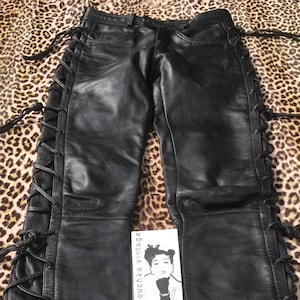 German Schuh 1970s Unisex BLACK LEATHER PANTS~ Lace Up Sides ~ Riding / Motorcycle / Racing / Biker ~ Made in Germany ~ Mint Vintage ~W : 30