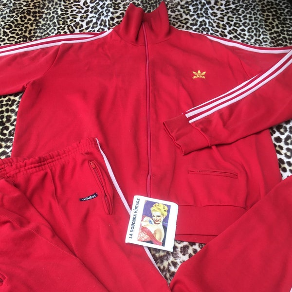 ADIDAS 1960s Men Sportswear TRACKSUIT ~ Iconic 3 STRIPES Design ~ Red & White ~Made in France~ Rare Collectible Vintage ~Good Condition~ M/L