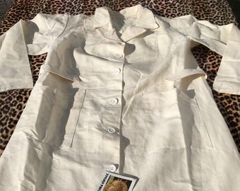 French 1930s Medical Hospital NURSE DOCTOR COAT~ Cream Linen ~ Belted ~ Stamped : S.S.A ~ Unworn Military Surplus ~ L