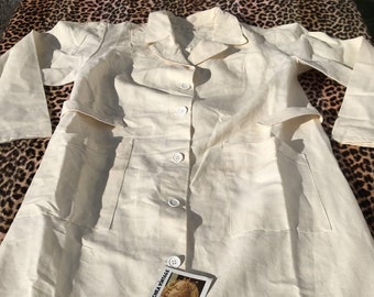 French Army 1940s Medical Hospital NURSE DOCTOR COAT ~ Cream Metis Linen ~ Belted ~ Stamped ~ Unworn Military Surplus ~ Made in France ~ L