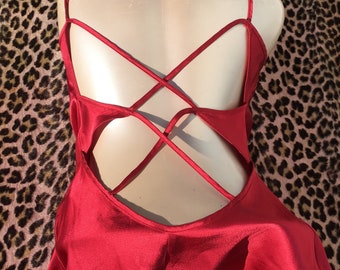 French Designer MARJOLAINE LINGERIE SLIP Nightie~ Luxurious Silky Red Fabric ~ Sensual Lace-Up Back ~Made in France~ New : Unworn Vintage~ L